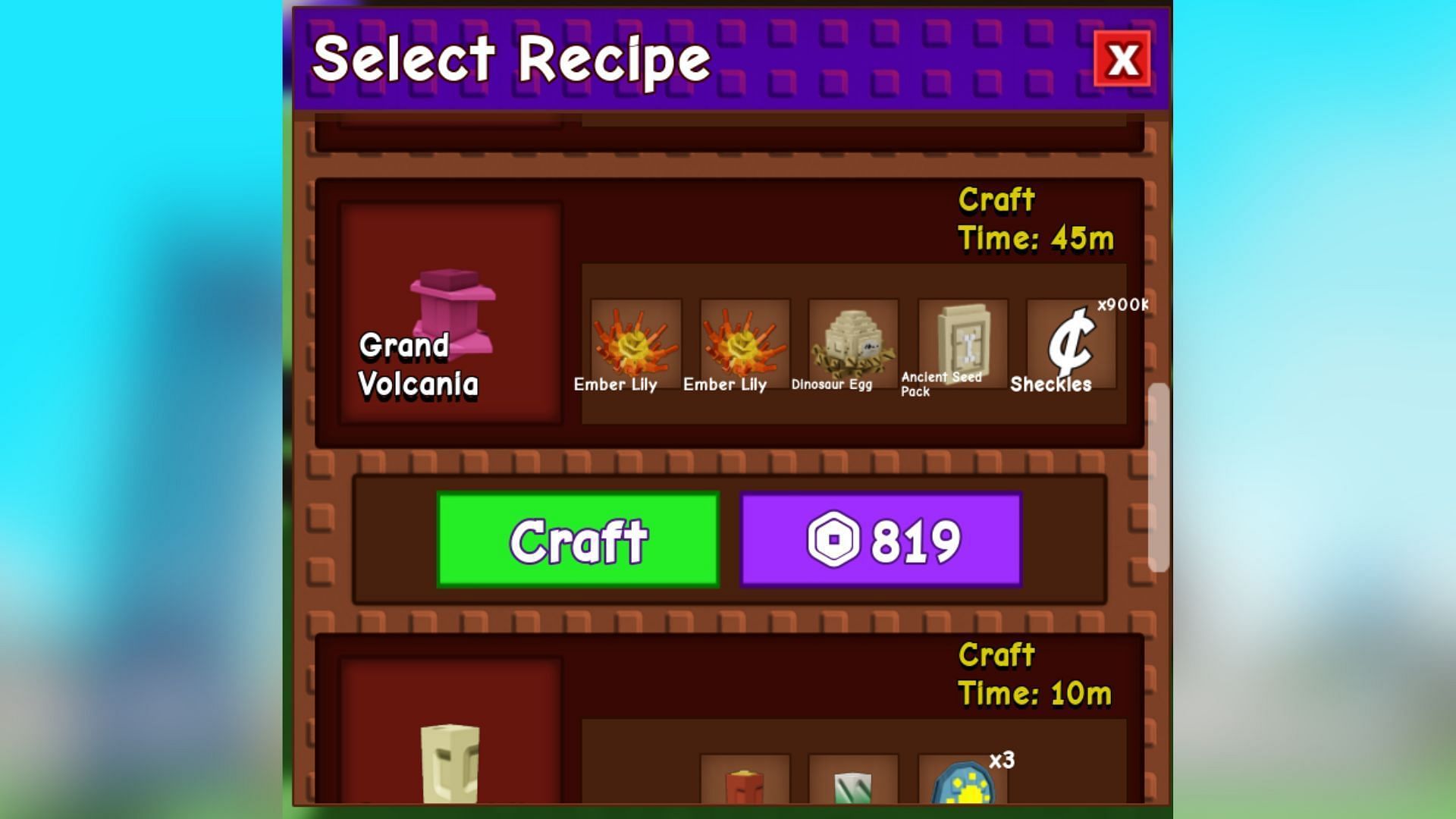 You can craft Grand Volcanio seed at the Cosmetics/Crafting stall (Image via Roblox)